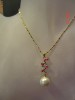 Set placat cu aur format din colier si cercei cu cristale ruby round brilliant cut si perle - bijuterii handmade mireasa