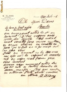 179 Document vechi -1916 - B.Klang, Bucuresti, str. Hasdau No.2, catre Spiru Davis(grec?), Braila, oferta de cumparare cereale foto
