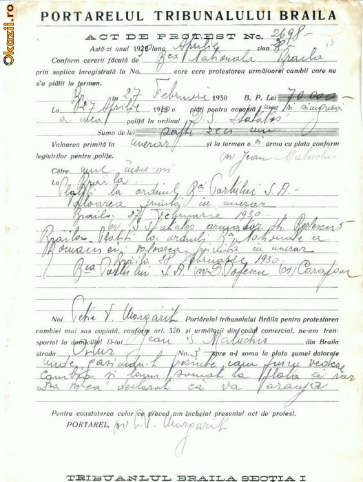 B Doc64 -Portarelul Tribunalului Braila-Act de Protest 2698/1930 foto mare