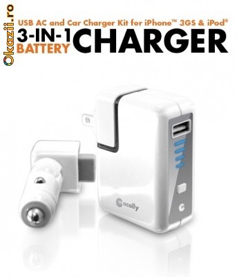 Incarcator 3 in 1 iPhone/iPod - retea, auto si baterie de urgenta - Macally POWERGO foto mare