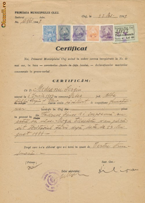 RFL 1948 ROMANIA document cu timbru fiscal local Cluj si fiscale RPR foto mare