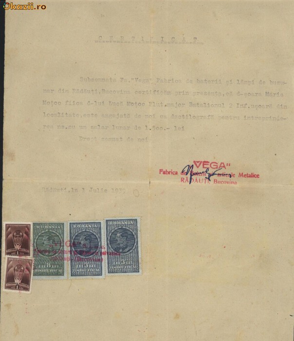 Certificat de salariat , 1939 , Vega , fabrica de baterii , Radauti , Bucovina foto mare