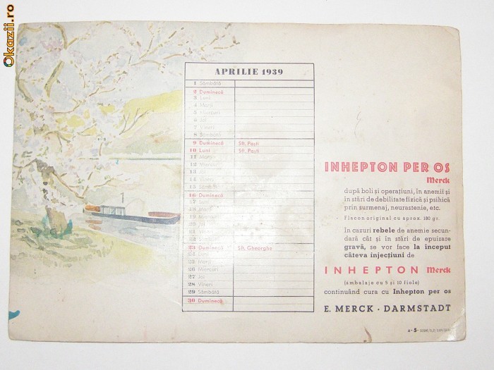 Reclama sugativa  cu calendar Aprilie 1939 foto mare