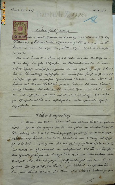 Document , Campulung , Bucovina , 1912 foto mare