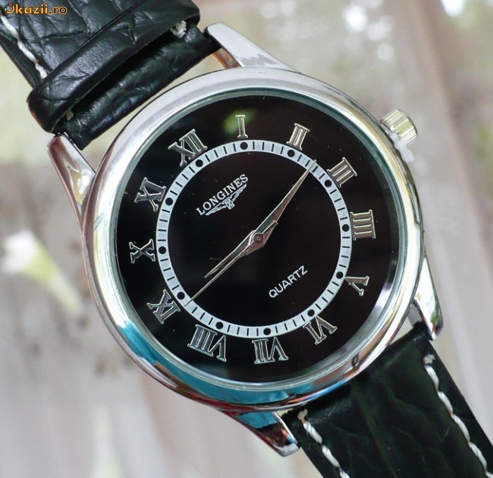 Ceas barbatesc Longines, quartz, cifre romane, cadran negru foto mare