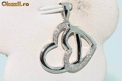 superb pandant 2 inimioare aur alb14K diamante naturale 0.20CT foto mare