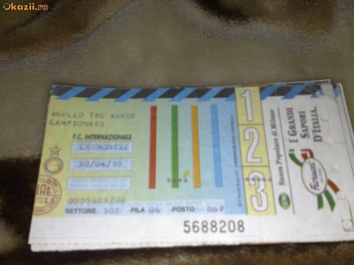 Campionatul Italiei - Bilet meci de fotbal -  Inter Milano - Cremonese - 30 aprilie 1995 foto mare