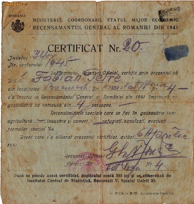 Certificat de Recensamant 1941 Stampila Regalista foto mare