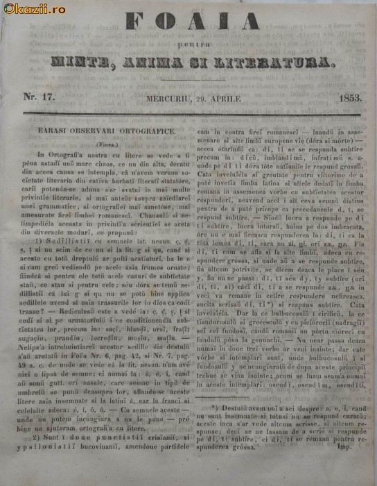 Foaie pentru minte , inima si literatura , nr. 17 , 1853 foto mare