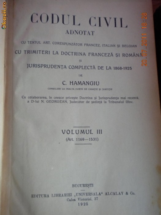 Codul civil adnotat editie 1925 - 1934 foto mare
