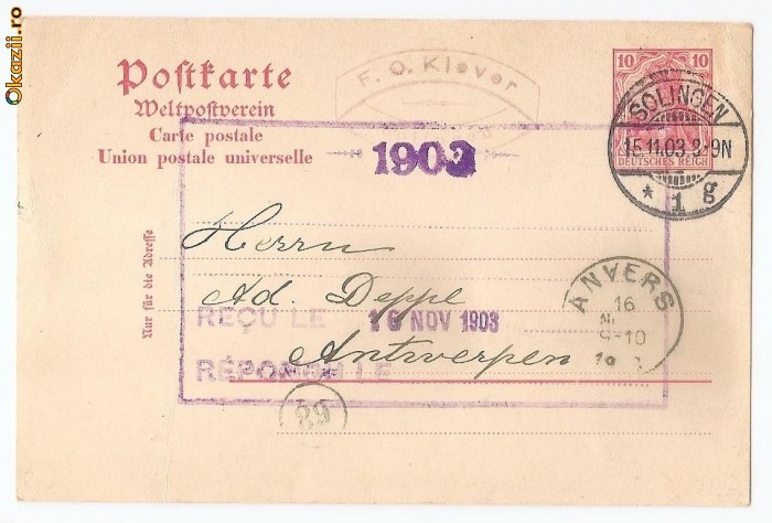 1903 GERMANIA CARTE POSTALA CIRCULATA SOLINGEN catre ANVERS (Belgia) foto mare