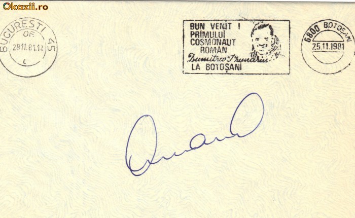 Plic cu stampila speciala Botosani, Bun venit primului cosmonaut roman, cu autograf D. Prunariu foto mare