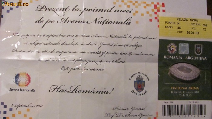 CY - Bilet meci inaugural National Arena, Romania - Franta, plus certificat de prezenta foto mare