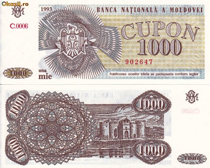 MOLDOVA 1.000 cupon 1993 UNC!!! foto mare