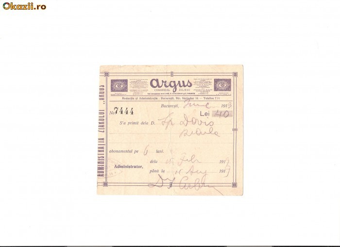 162 Document vechi -1919 -Chitanta catre Sp.(Spiru) Davis, grec?, abonament-Redactia Ziarului ,,Argus,comercial;Staicovici si Pauker foto mare