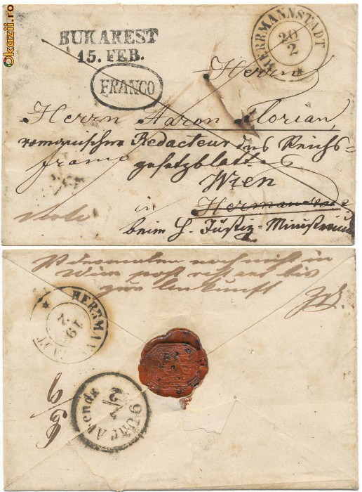RFL ROMANIA via Sibiu, TRANSILVANIA cca 1850 plic posta austriaca stampila Bukarest foto mare