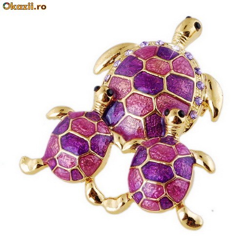 Brose familie de broaste testoase, placate cu aur galben 18K cu cristale Swarovski,  verde si violet foto mare