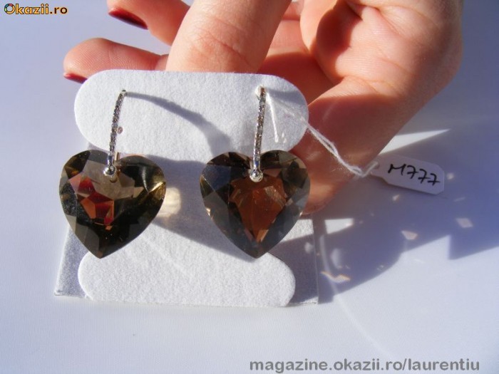 Cercei aur 14K, 10.2g, ornati cu 14 BRILIANTE si 2 TOPAZE SMOKY inimioara de 40 CARATE !! foto mare