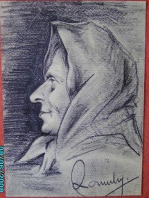 Portret de femeie din Bucovina , in carbune , semnat foto
