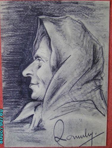 Portret de femeie din Bucovina , in carbune , semnat foto mare