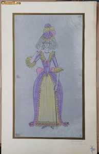 Tehnica mixta pe hartie cretata , costum de epoca , Rodica Tapalaga foto