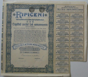 REGATUL ROMANIEI. actiuni RIPICENI (Botosani) fabrici si rafinarii de zahar,spirt si acid carbonic,1943 foto